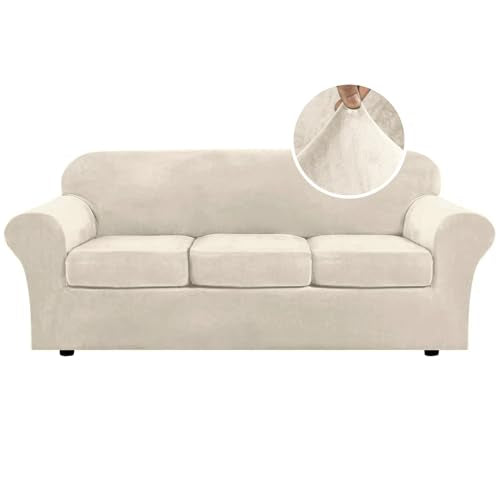 H.VERSAILTEX 3 Cushion Ivory Velvet Sofa Slipcover 4-Piece High Stretch Couch Protector