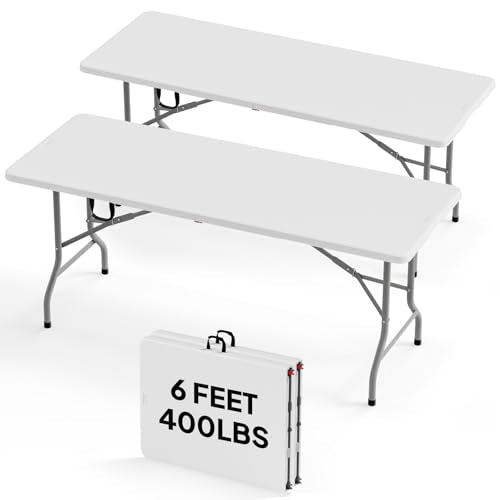 Bonnlo 6ft White Folding Table - Portable Collapsible Plastic Long Table for Parties and Events - 2 Pack