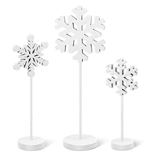BBTO 3 Pcs Christmas Snowflake Table Decorations Tall Standing Snowflake Wood Sign Block Winter Wooden Xmas Standing Table Sign Christmas Fireplace Decoration for Xmas Party
