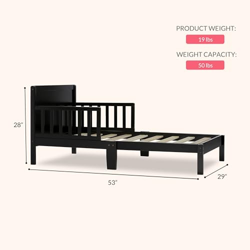 Toddler Bed with Safety Rails - Black, Low-to-Floor Design, Non-Toxic Pine Finish