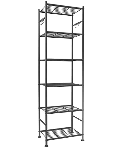 Heavy-Duty 6-Tier Metal Storage Shelves with Hooks - Black, 18.1 x 12.4 x 70.1 Inches