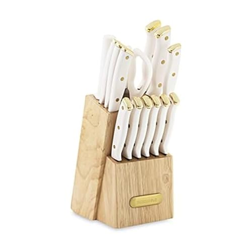White and Gold 15-Piece Knife Block Set - High-Carbon Stainless Steel Kitchen Knives