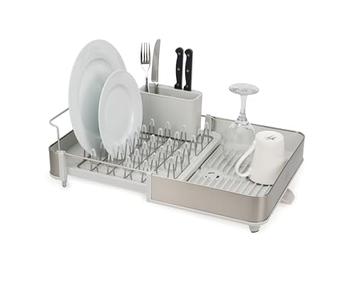 Joseph Joseph Light Stone 1-Tier Expandable Stainless Steel Dish Drying Rack with Removable Cutlery Holder