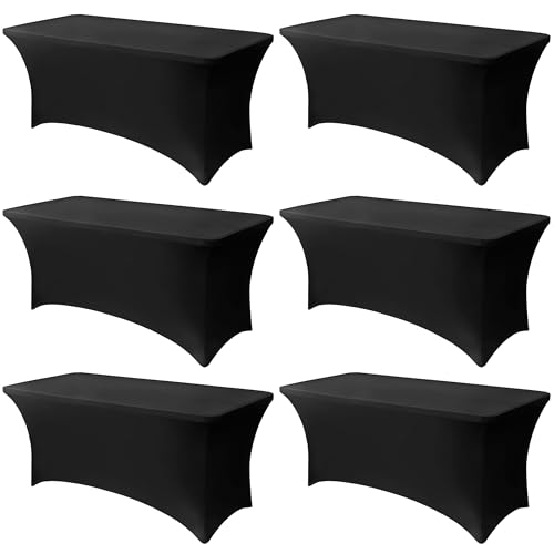 Stretch Fitted Black Tablecloth for 6ft Rectangular Tables - 6 Pack, 30x72 Inches, Spandex Washable Event Cover - Variation of 6