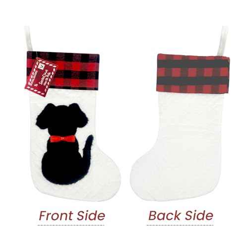 Dog Christmas Stocking Dual-Layer, 20 inch Dog Stocking Single, Pet Christmas Stockings with 3D Black Doggy, Large Animal Buffalo Red Plaid Xmas Stockings for Dogs Family Decorations