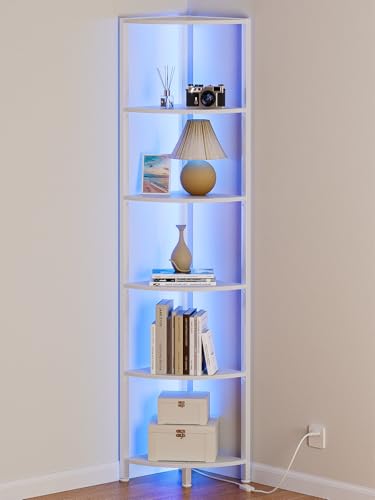 Furnulem 6-Tier Corner Shelf with LED Light - White Narrow Bookshelf
