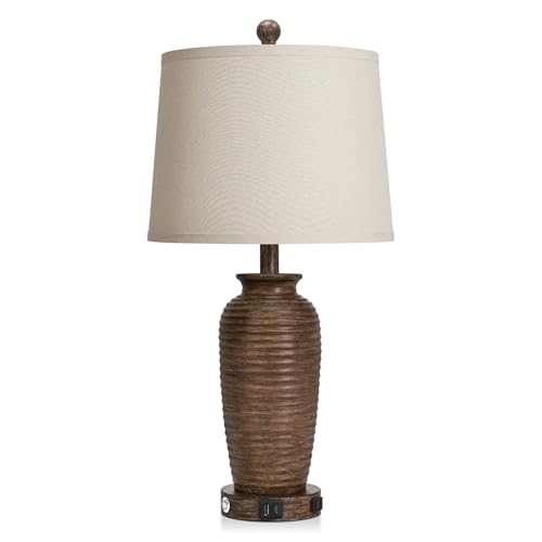 CINSARY 25-Inch Walnut Brown Farmhouse Jar Table Lamps Set of 2 with Touch Control & USB Ports