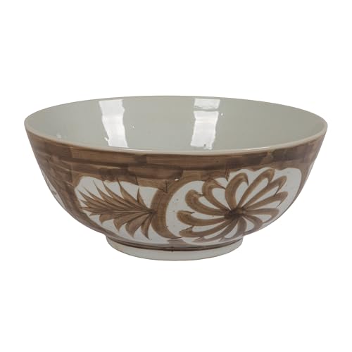 Creative Co-Op Hand-Painted Stoneware Fruit & Salad Bowl with Watercolor Floral Design, Brown, 14"