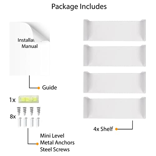 White Wallniture Bali Bookshelf Set of 4 - Floating Wall Shelves for Books & Media