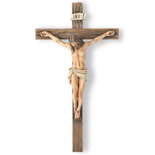 Large Catholic Wall Cross with Jesus Statue - 20.75 Inch Religious Decor, Realistic Finish