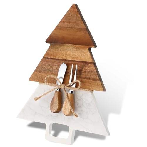 Acellegic Christmas Tree Marble & Acacia Cutting Board with Handles – Serving & Charcuterie Board (13.39 x 11.02 in)