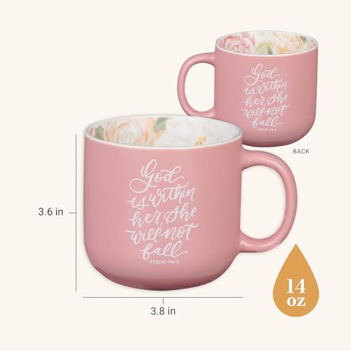 God is Within Her Pink Floral Psalm 46:5 Ceramic Mug Pack of 2 - 14 oz, Microwave & Dishwasher Safe, Encouraging Gift for Women