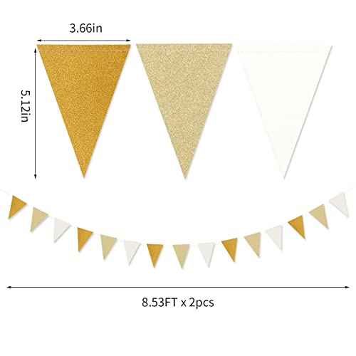 White-Gold Champagne Party-Decorations Banner,2 Pack Christmas Wedding Engagement Hanging Paper Triangle Pennant Flags Streamers,Bachelorette Neutral Baby Bridal Shower Supplies Decor Lasting Surprise