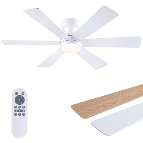 Asyko 46-Inch White 6-Blade Modern Ceiling Fan with Light & Remote - Reversible Motor