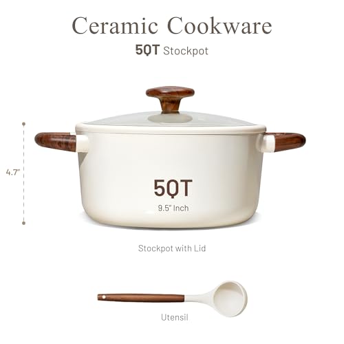 White 5 Quart Nonstick Stock Pot with Lid and Ladle - Even Heating, PFOA Free