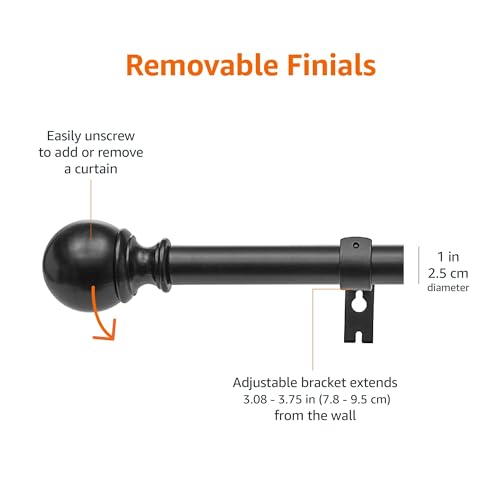 Adjustable 1-Inch Curtain Rod with Round Finials, 72-144 Inches, Black, 1-Pack