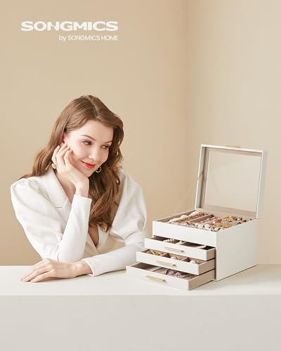 SONGMICS Cloud White & Gold Jewelry Box Organizer 4-Layer Storage with Glass Lid