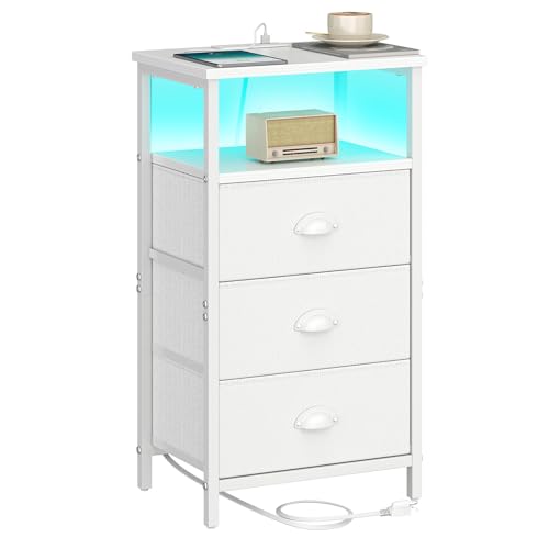 Sthmec White Nightstand with Charging Station, 3 Drawers & LED RGB Light
