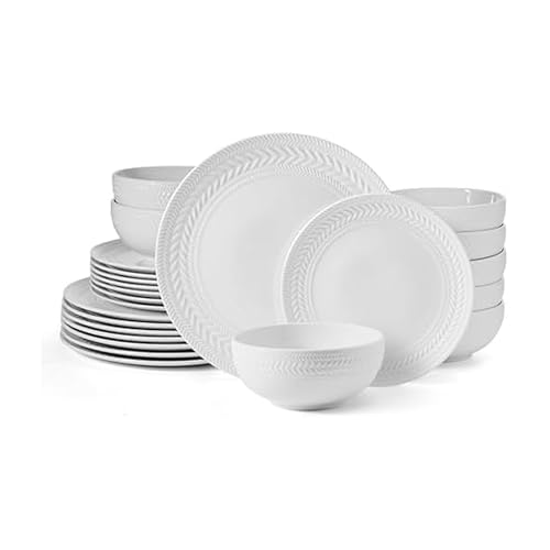 Pfaltzgraff Josephine 24-Piece Dinnerware Set - Embossed Basket Weave, Service for 8, White Porcelain