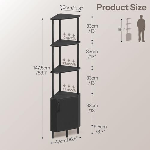 HOOBRO Black Corner Shelf Cabinet with LED Light, 5-Tier Industrial Storage