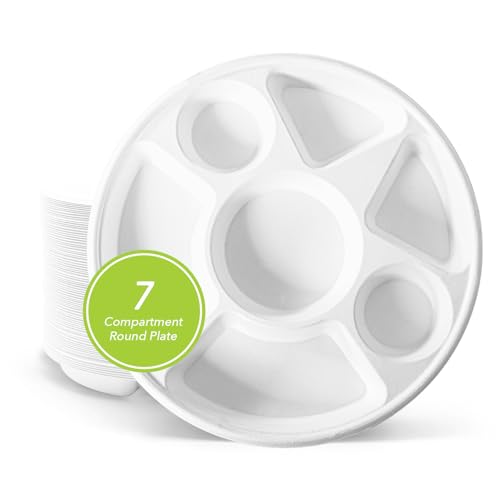 7 Compartment Bagasse Disposable Plates - Eco Friendly, 200 Count - Round