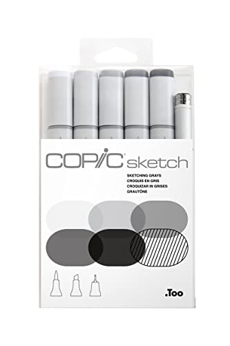 Copic Sketch Alcohol Markers Set with Multiliner SP - 5 Colors + Gray Shades