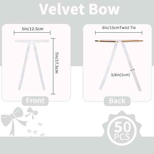 TONIFUL 36 Pack White Velvet Bows for Christmas Tree Decor, 5x7 Inch Bows for Gift Wrapping, Treat Bags, Wreaths, Crafts, Cards, Bouquet,Cakes Decor Valentine Christmas Party Supplies(3/8" Width