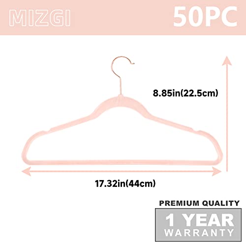 MIZGI Velvet Hangers 50 Pack Non-Slip Heavy Duty Blush Pink Rose Gold Hooks - Space Saving Closet Organizer