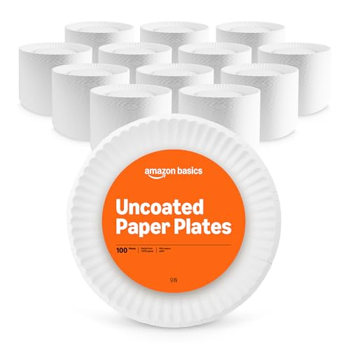 9-Inch Uncoated White Paper Plates - 1200 Count Pack of 12, Microwave Safe, Compostable