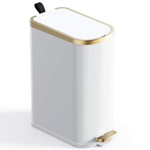Small Bathroom Trash Can with Lid 10L/2.6 Gal Slim Design Soft Close White