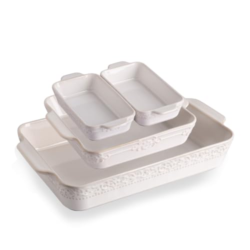 Sweejar Kiln-Change White Ceramic Bakeware Set of 4 – Rectangular Casserole Dishes with Handles