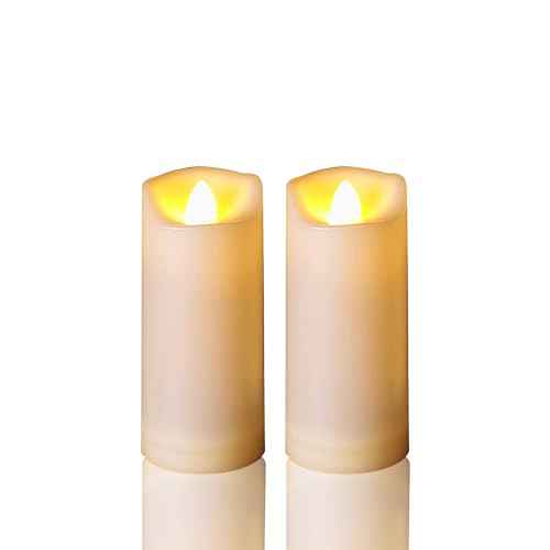 2-Pack Waterproof Outdoor Battery Operated Flameless Candles with Timer, Realistic Flickering Plastic Electric Slim LED Pillar Lights for Birthday Wedding Christmas Decor Gifts 2x5 Inches