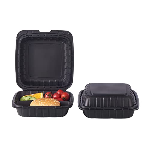 FULING 8x8-Inch 3-Compartment Disposable Food Trays with Secure Snap Lid - 50 Pack, Heavy Duty Takeout Containers, Model FW-883B-3C