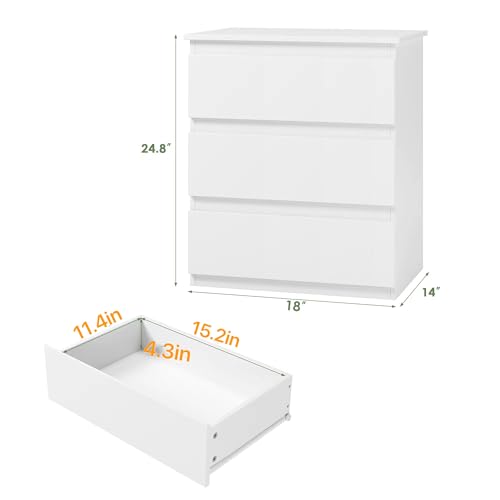 White Nightstand with 3 Drawers - Small Bedroom Side Table Storage