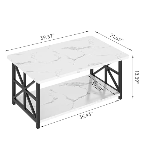 AWQM White Faux Marble 2-Tier Coffee Table with Round Corners & Storage Shelf
