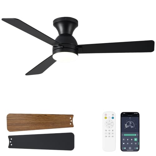 Black 48 Inch Low Profile Ceiling Fan with Light and Remote – Reversible, Dimmable LED, Flush Mount