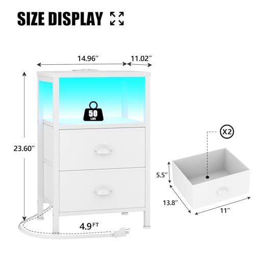 Furologee White Nightstand Set of 2 with LED Lights & Charging Stations - Modern Bedroom Side Tables