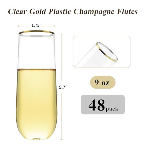 Bestluck 48 Pack 9 oz Disposable Plastic Champagne Flutes Gold Rim for Parties