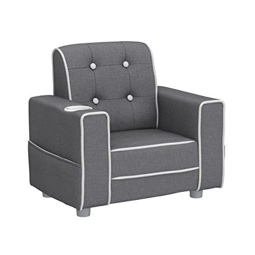Kids Upholstered Chair with Cup Holder - Grey, for Ages 3+ | Childrens Bedroom & Playroom Seating