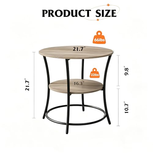 WLIVE Light Grey 2-Tier Round End Table Steel Frame Small Space Living Room Nightstand