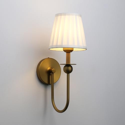 PERMO Set of 2 Brass Wall Sconces with Pleated Fabric Shades - Vintage Bathroom & Living Room Lighting