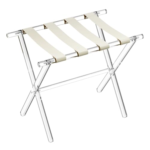 Foldable Acrylic Luggage Rack with Leather Straps for Guest Room - Beige, 1 Pack