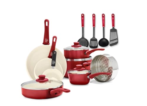 GreenLife 16-Piece Nonstick Cookware Set with Ceramic Pots & Pans, Oven & Dishwasher Safe, Stay-Cool Handles, Red