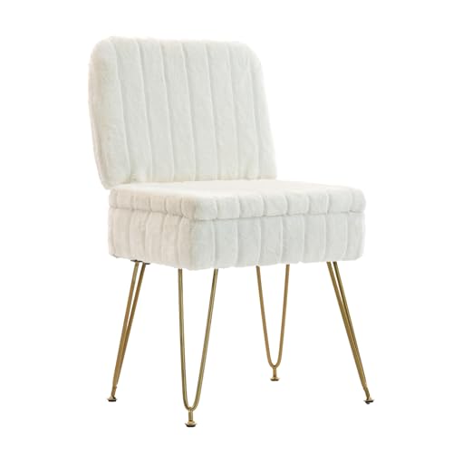 Manyday Beige Vanity Chair with Storage & Foldable Back - Soft Faux Fur Ottoman