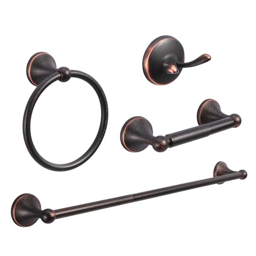 Oil-Rubbed Bronze 4-Piece Bathroom Hardware Accessory Set - Towel Bar, Toilet Paper Holder, Towel Ring & Robe Hooks