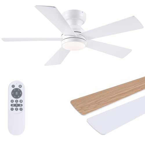 46-Inch Flush Mount Ceiling Fan with Lights - White Modern Fan with Reversible Motor & Dimmable LEDs - Variation: White-New