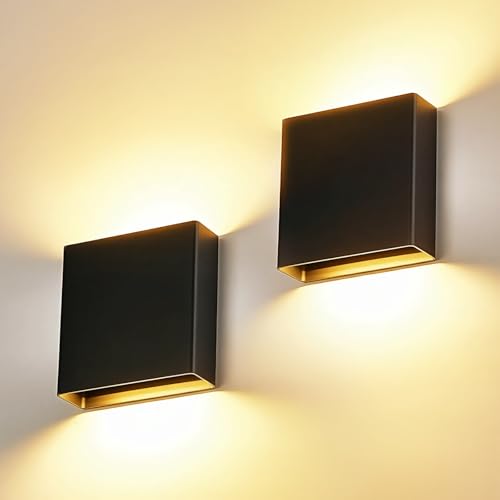 LUXLUCIO 2 Pack Black Up & Down LED Wall Lights - Waterproof Dimmable Modern Porch & Bedroom Fixture