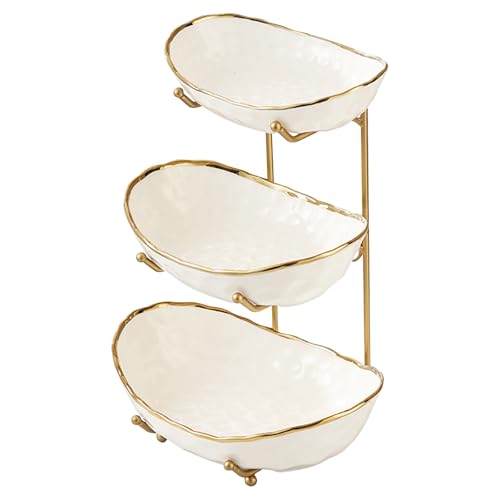 White 3-Tier Fruit Bowl with Gold Metal Stand - Modern Ceramic Fruit Rack - Variation: White A