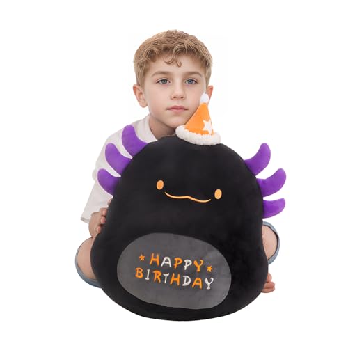 16 inch Happy Birthday Axolotl Plush Pillow, Cute Black Axolotl Stuffed Animal Home Room Decoration, Birthday Party Gift for Kids Boys Girls, Halloween, Christmas