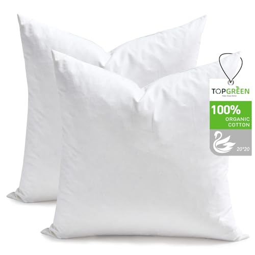 White 20x20 Inch Feather Down Throw Pillow Inserts Set of 2 - Organic Cotton Cover